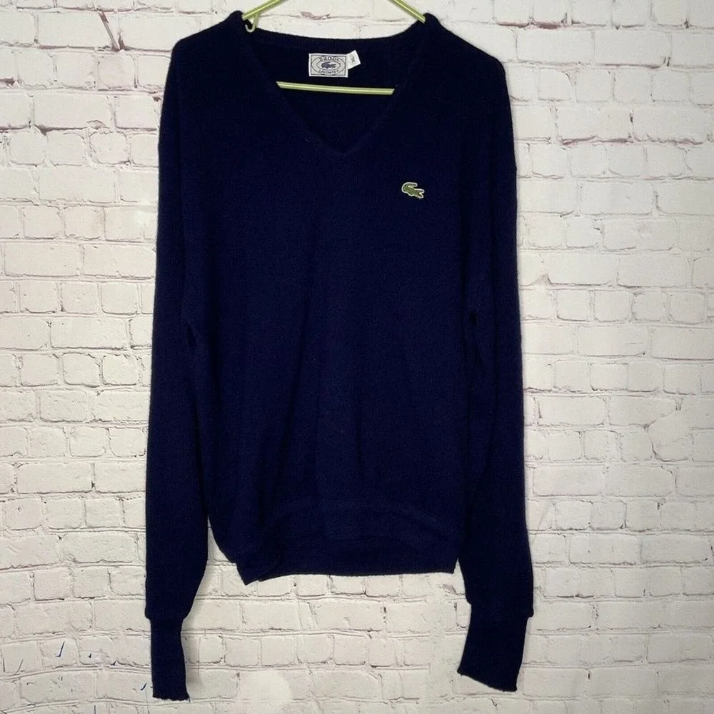 Vintage Izod Lacoste Blue Knit Long Sleeve V-Neck Sweater Men XL Machine Wash